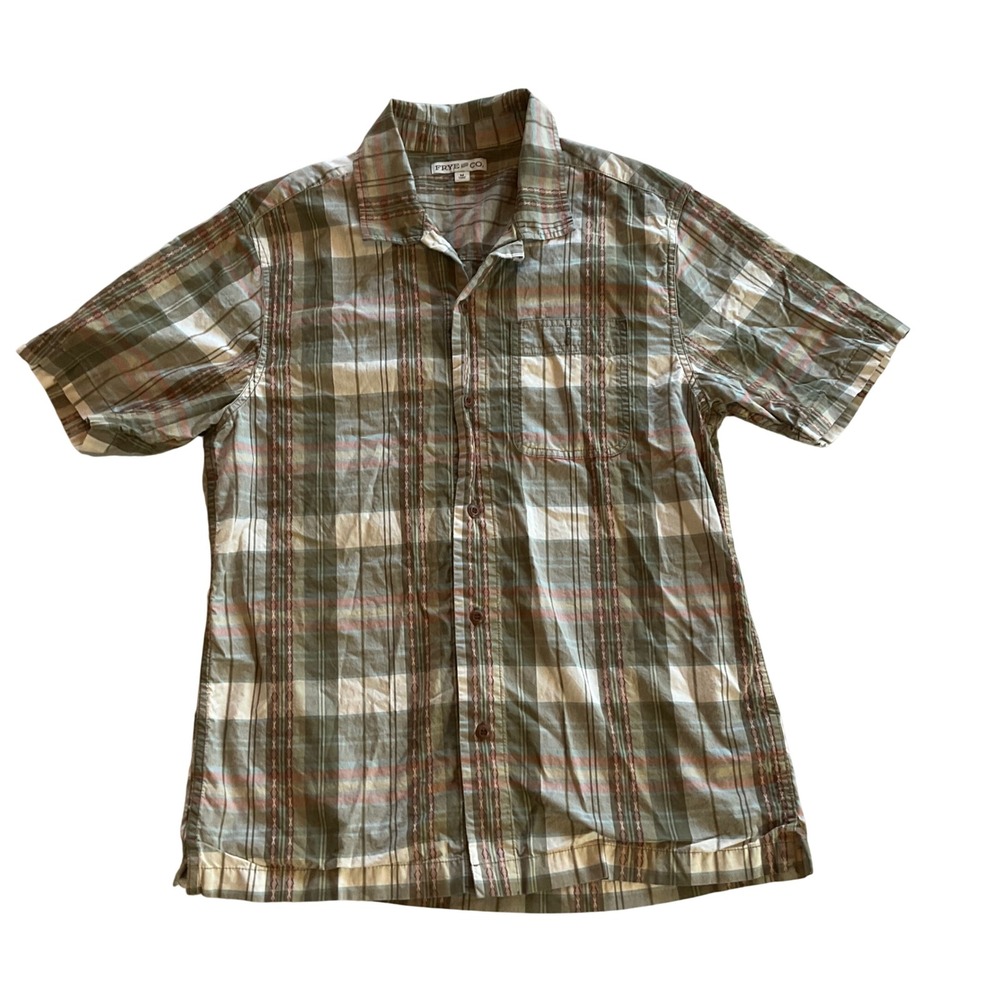 Frye & Co Plaid Button Down Mens Size Medium Green Brown Embroidered Camp Shirt
